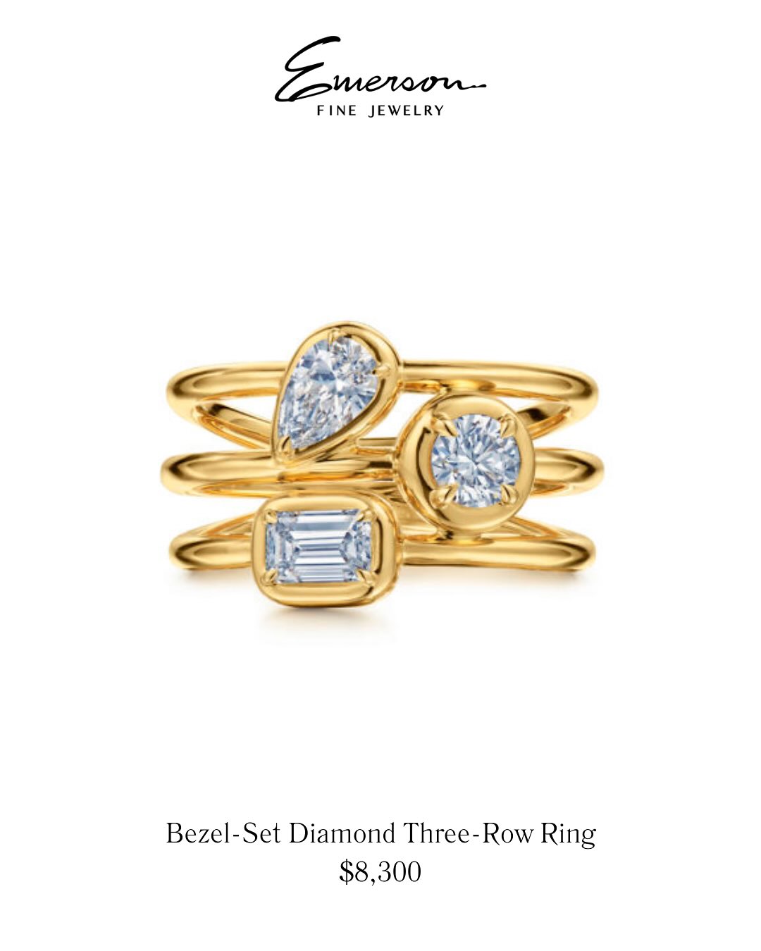 bezel set diamond 3 row ring